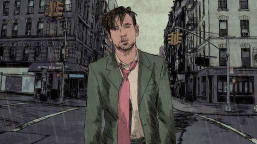 a man standing in the middle of a street in the pouring rain. Illustrated lyric video
