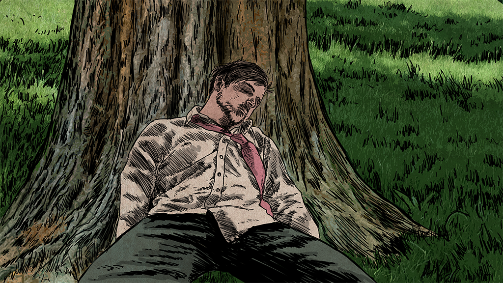a man sleeping under a tree.