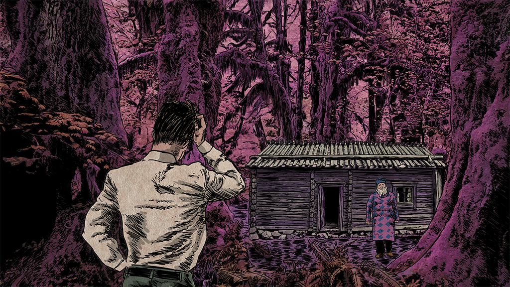 man looks at a cabin in the woods.