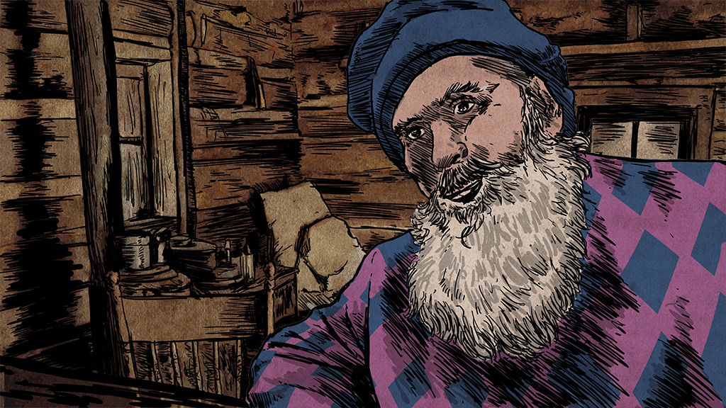 close up of old man sitting in the cabin. Illustrated lyric video