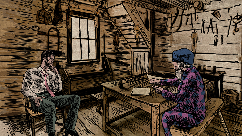 man and old man have a conversation in the cabin.