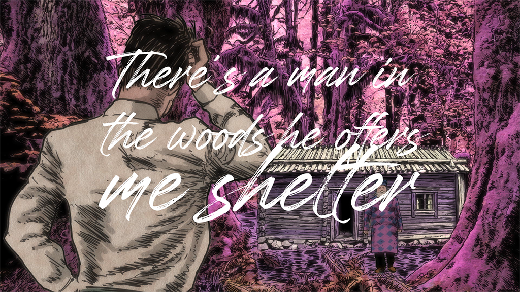 a screen capture from the lyric video with text over the screen. Illustrated lyric video